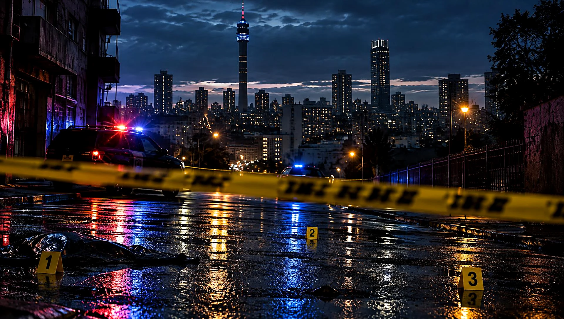 Fictional Johannesburg crime scene with police tape, evidence markers and the Hillbrow Tower